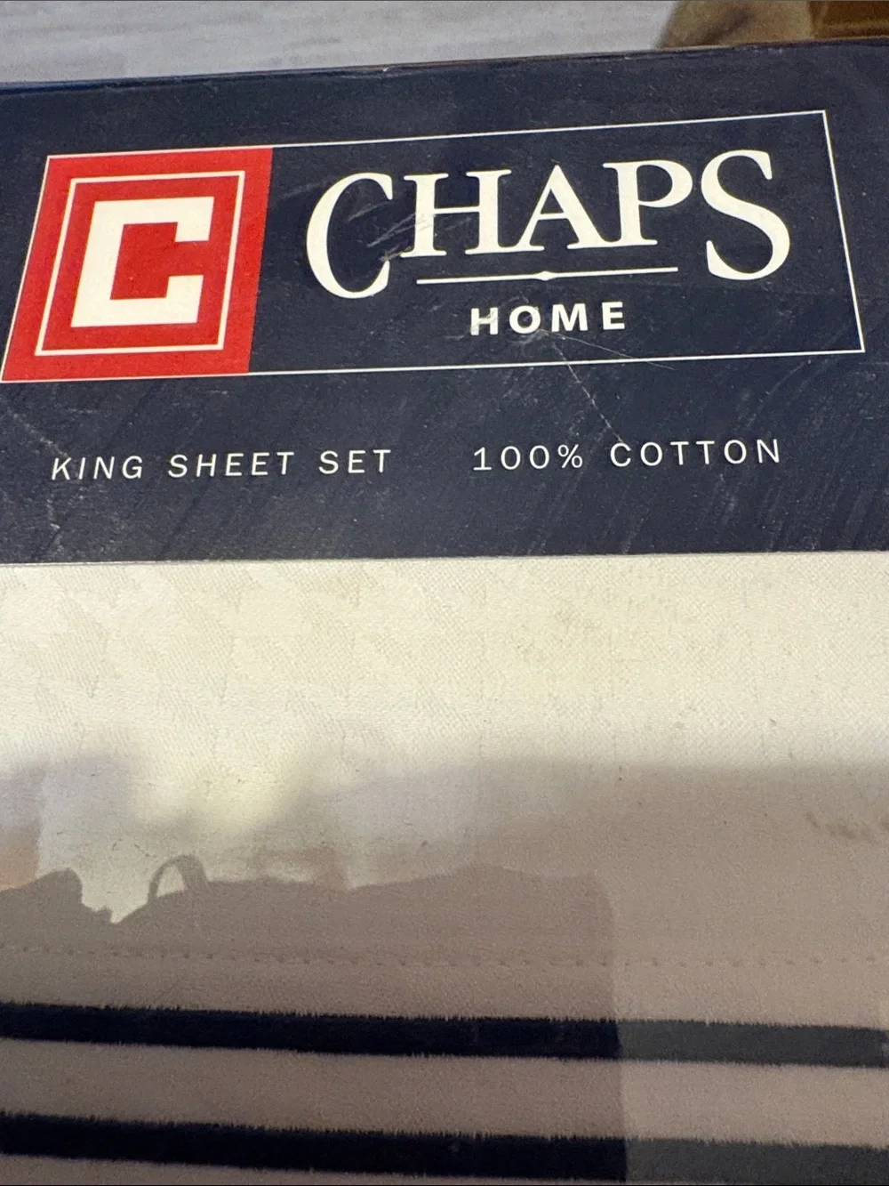 Chaps Home White Sheet Set with Navy Double Stripe